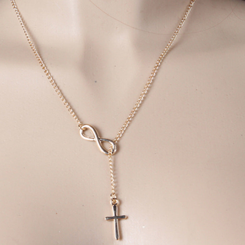 Women's Fashion Cross Necklace with Lucky Number 8 Pendant Alloy Chain Jewelry