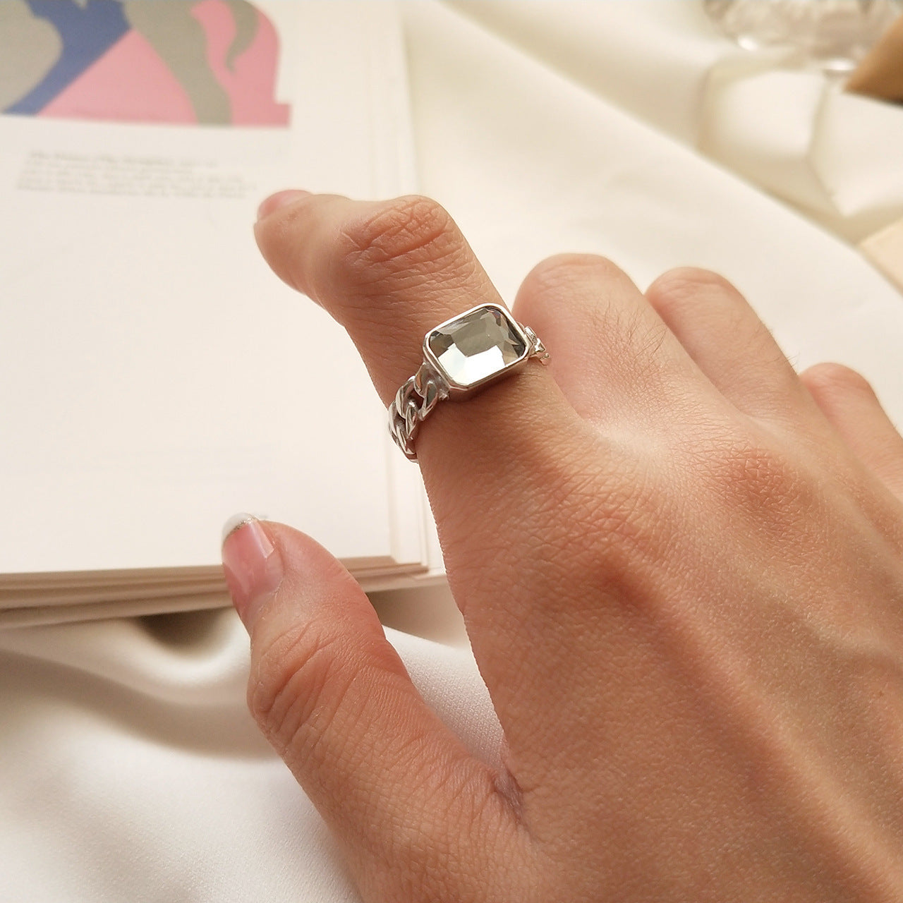Square Cubic Zirconia Inlaid 925 Sterling Silver Ring