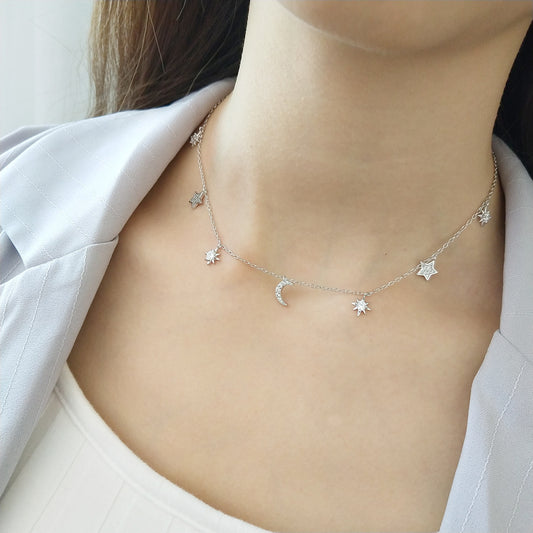 Collana con Catena a Sfera Placcata Argento Sterling 925 Lusso Cuore Luna Stella