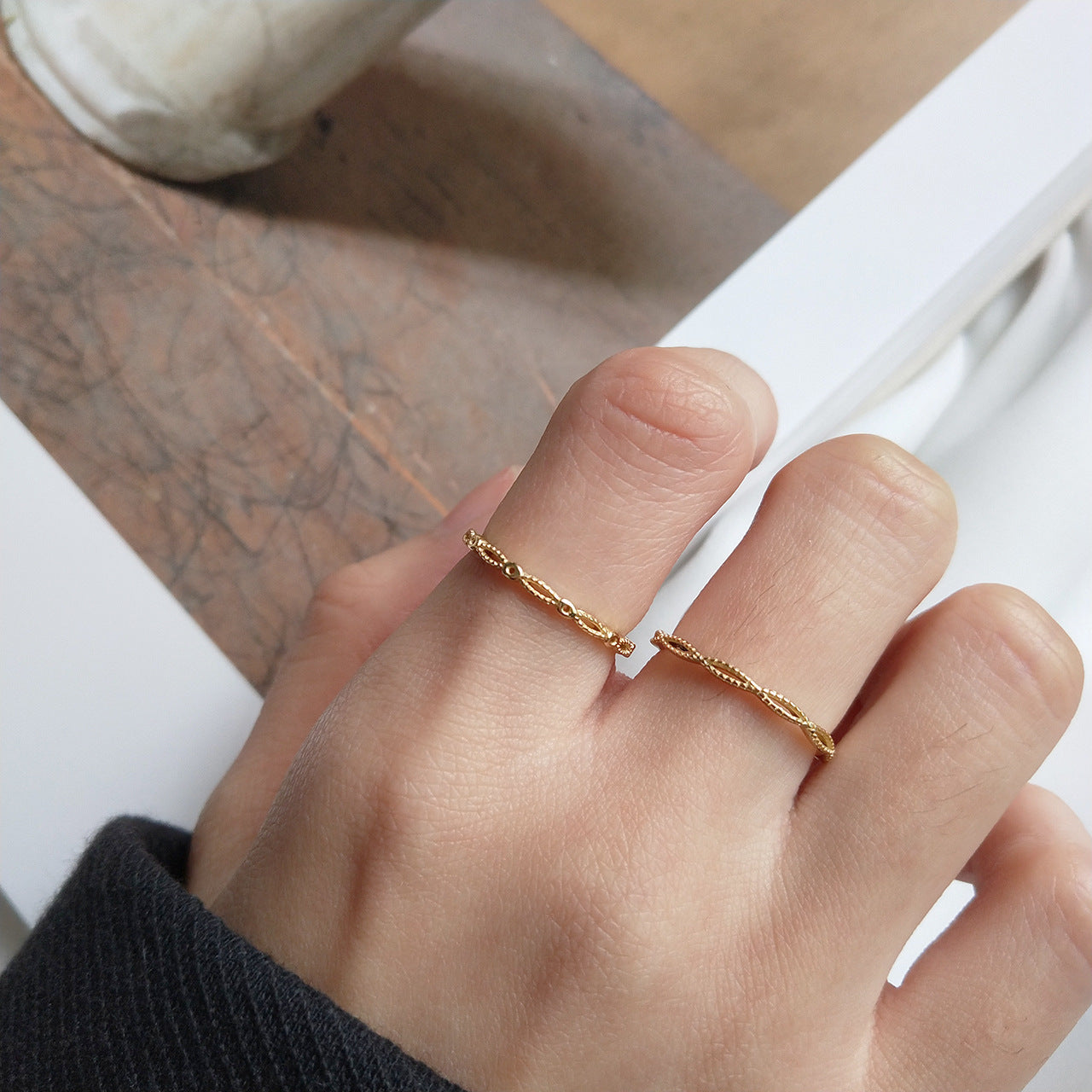 Minimalist Geometric S925 Sterling Silver Ring with 18K Gold Plating Open Adjustable Band