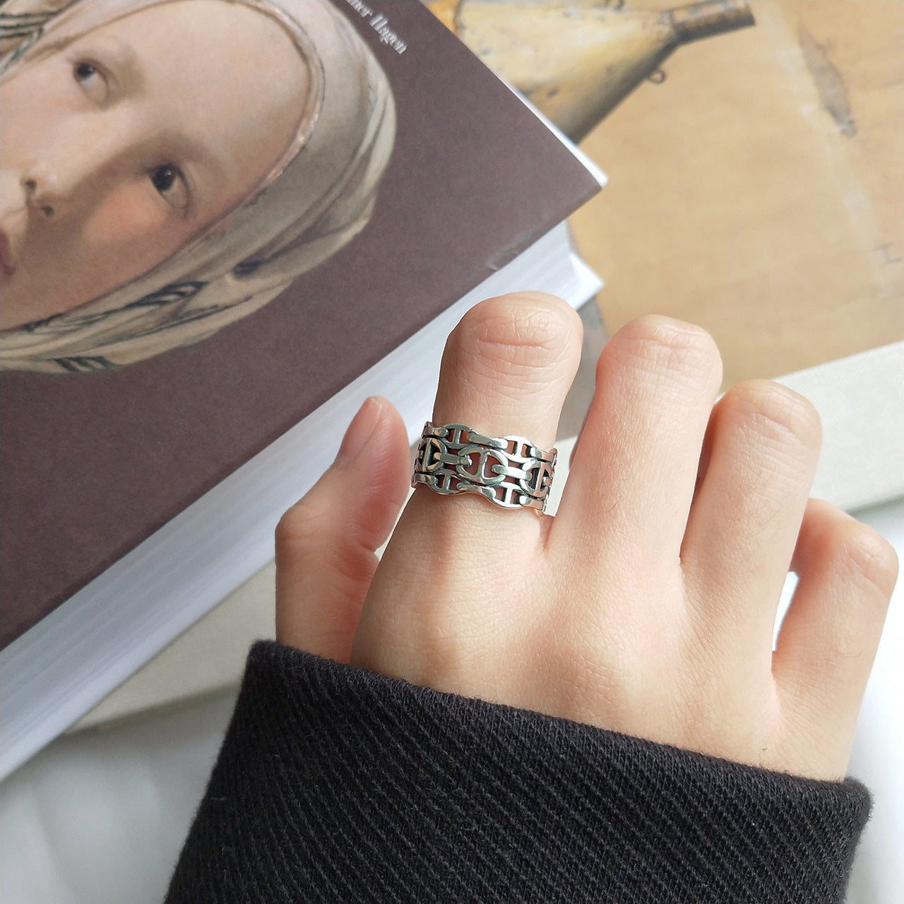 Anillo abierto geométrico ovalado pulido de plata de ley 925 vintage para mujer