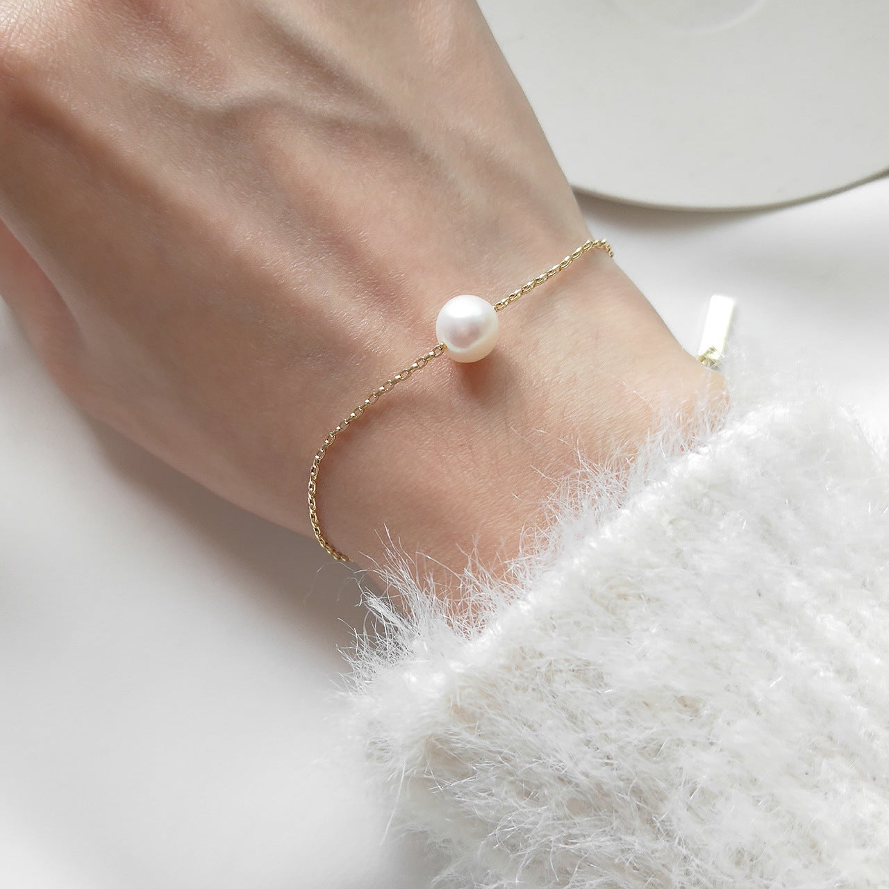 Minimalist Sweet 925 Sterling Silver Freshwater Pearl Fine Line Bracelet