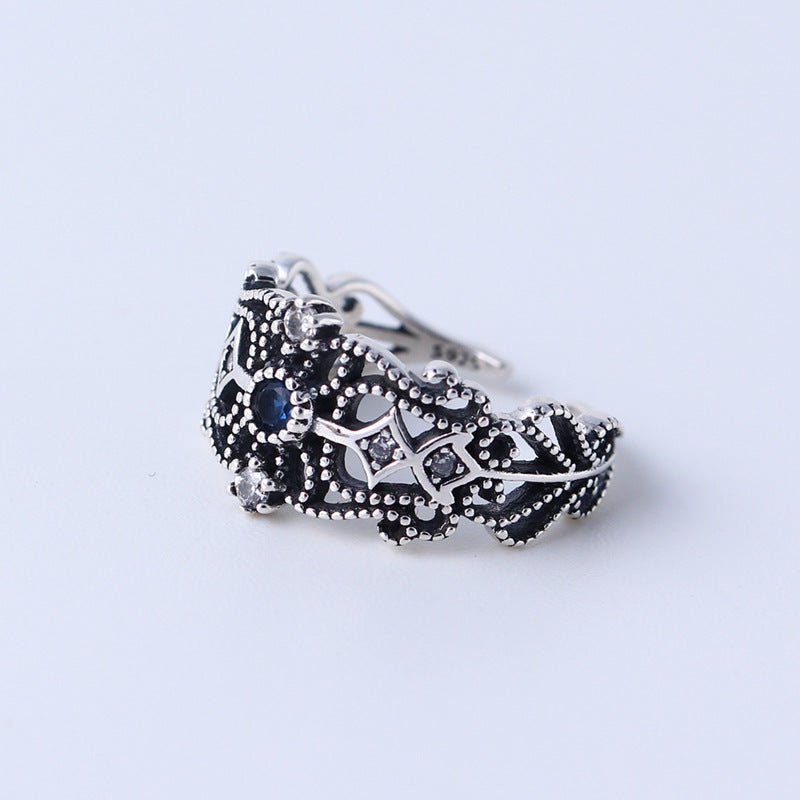 Anello Aperto da Donna Vintage in Argento Sterling 925 con Intarsi Geometrici Rotondi e Diamanti