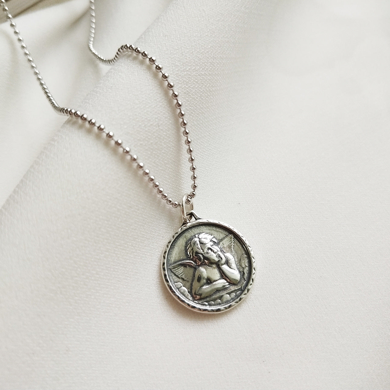 Vintage 925 Sterling Silver Round Geometric Guardian Angel Pendant Necklace for Women