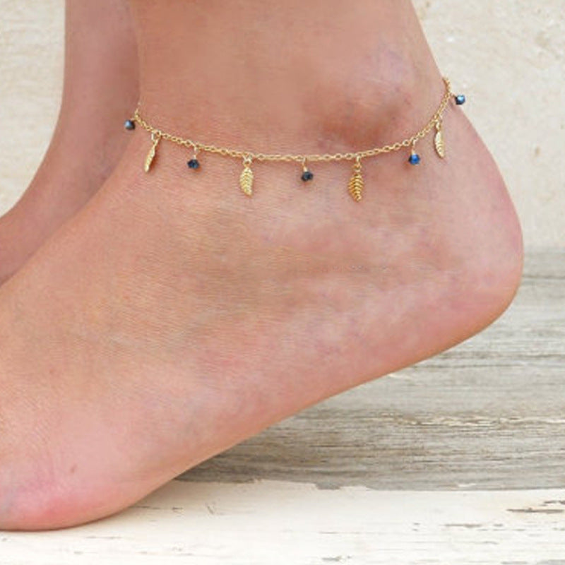 Minimalist Western Style Leaf Anklet with Tassel for Women Alloy Summer Foot Jewelry