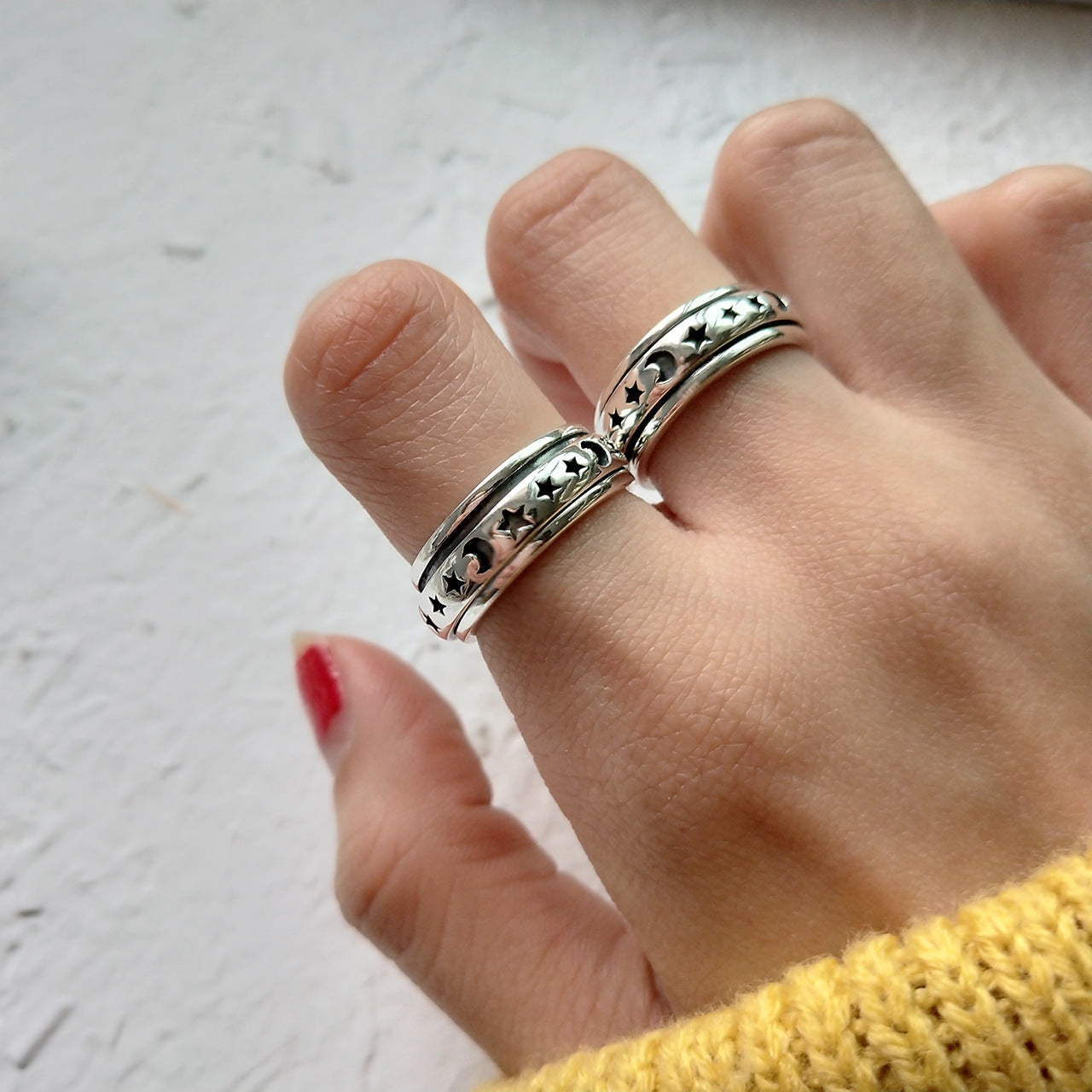 Vintage 925 Sterling Silver Geometric Rotating Star and Moon Ring