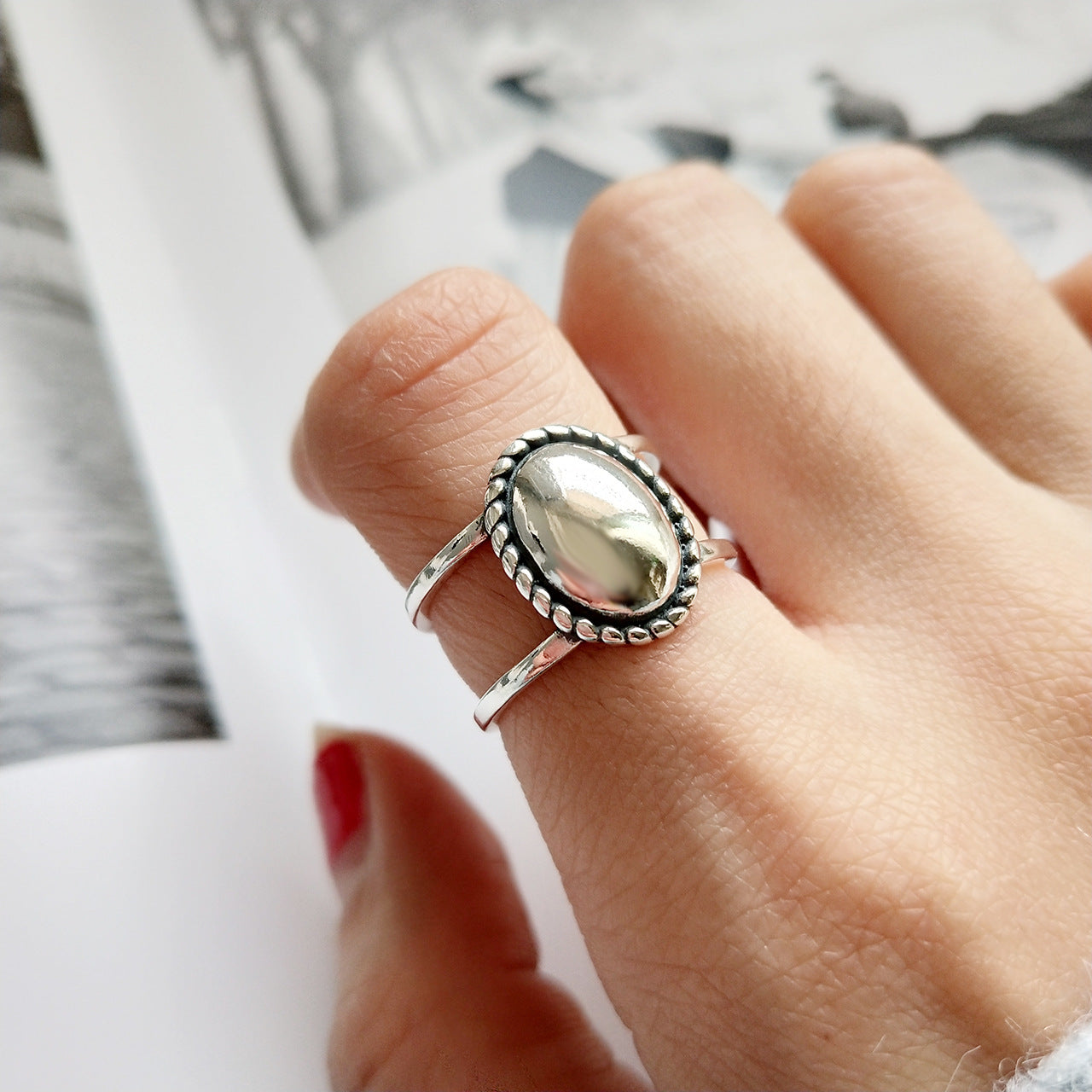 Anello ovale geometrico opaco in argento sterling 925, stile vintage minimalista