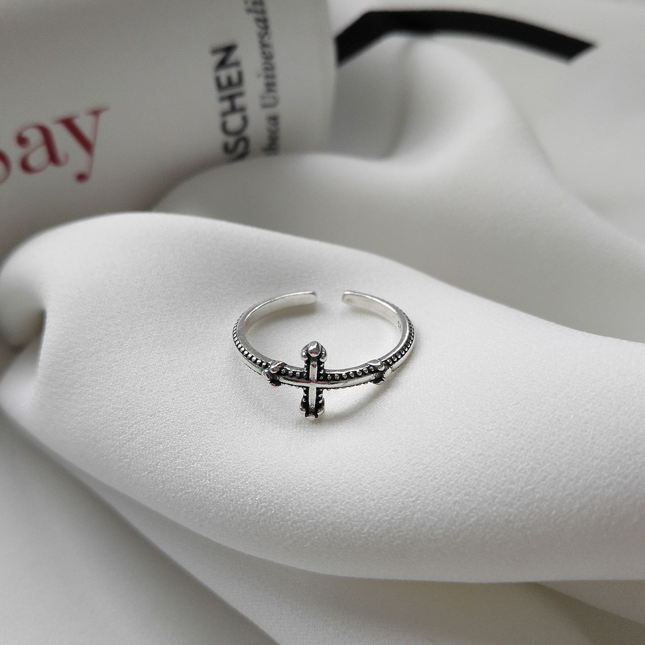 S925 Sterling Silver Minimalist Vintage Twisted Cross Open Ring