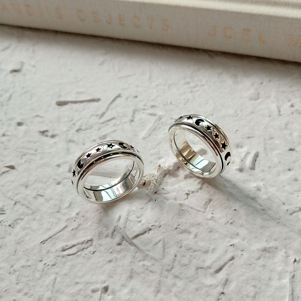 Vintage 925 Sterling Silver Geometric Rotating Star and Moon Ring