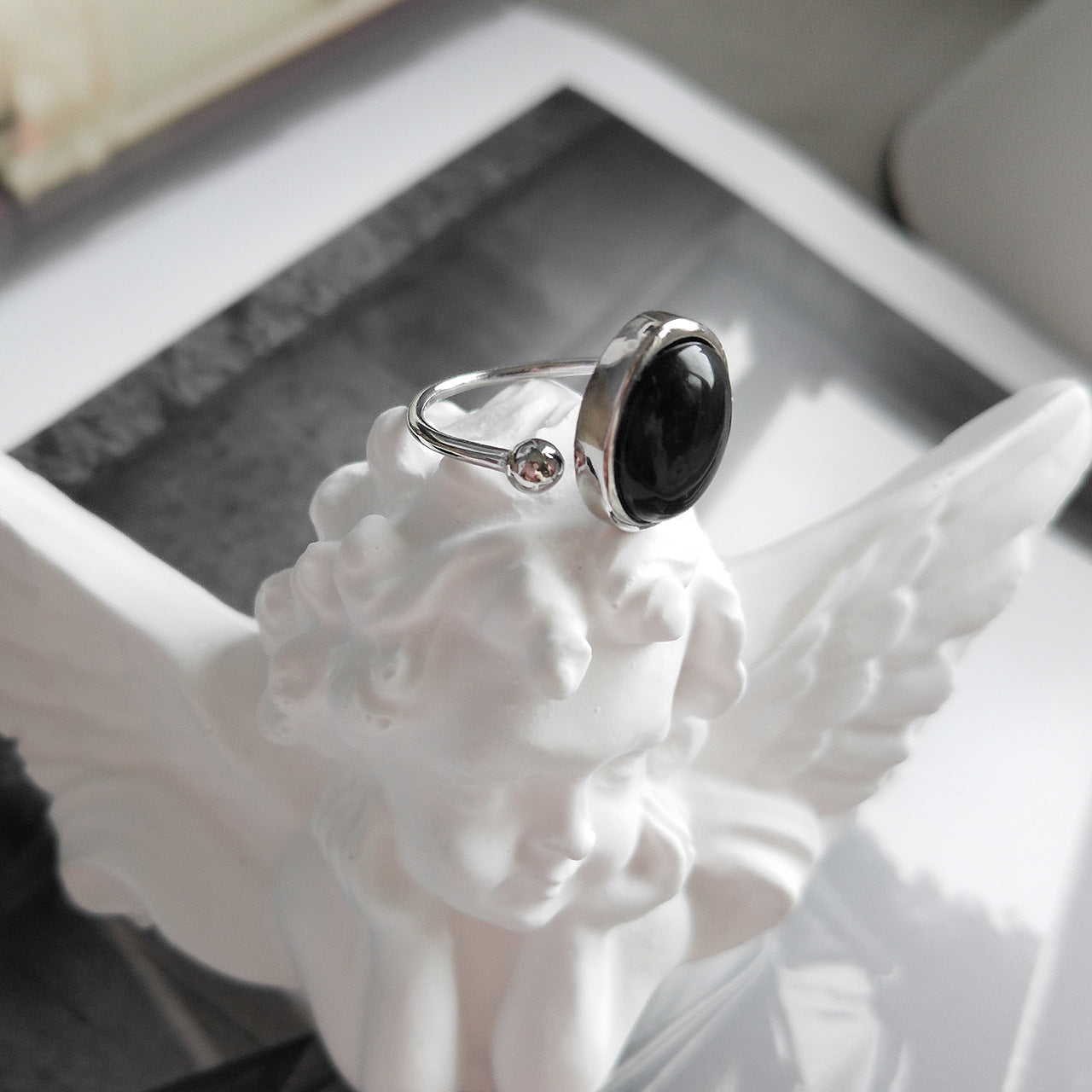 Punk Geometric Oval Black Agate Inlay Plated 925 Sterling Silver Ring for Women