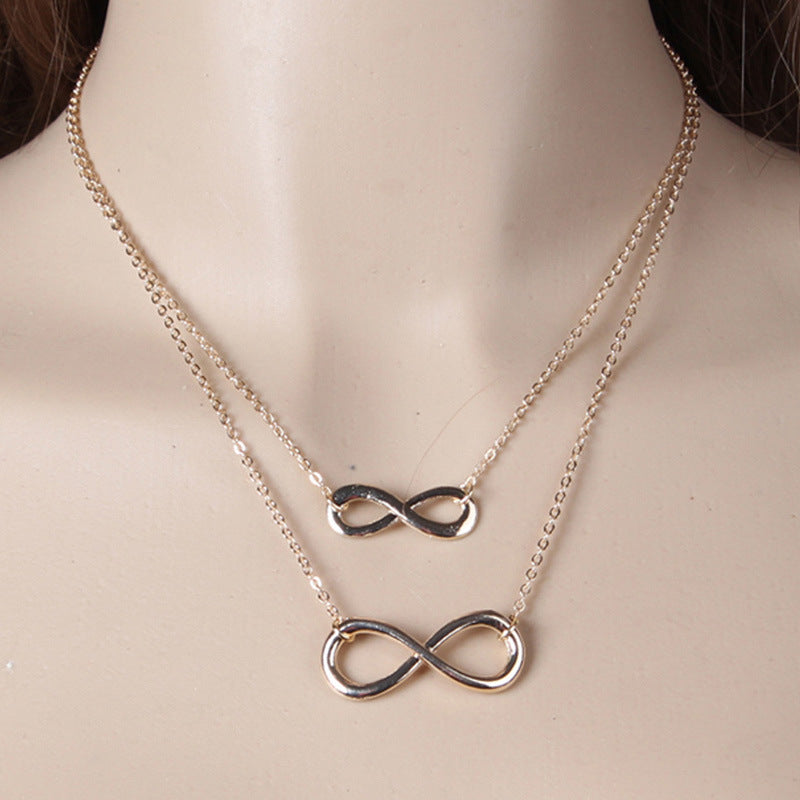 Minimalist Lucky Number 8 Double Layer Short Necklace for Women Alloy Pendant Chain Jewelry