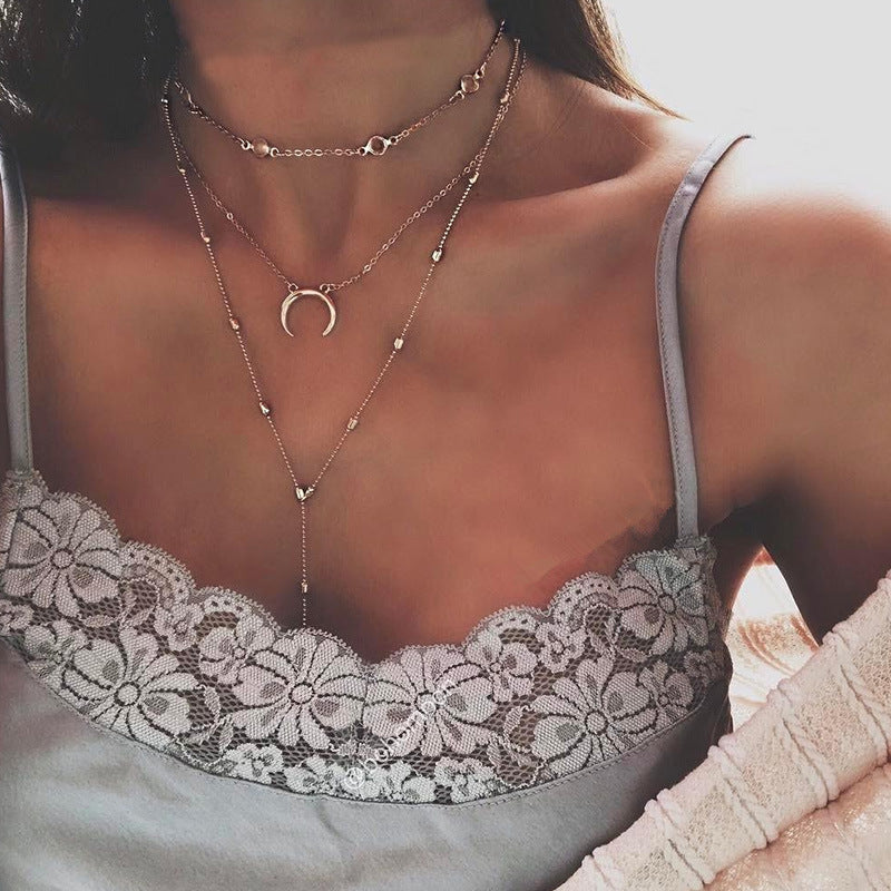 Bohemian Moon Pendant Necklace Set Teardrop Alloy Ball Chain