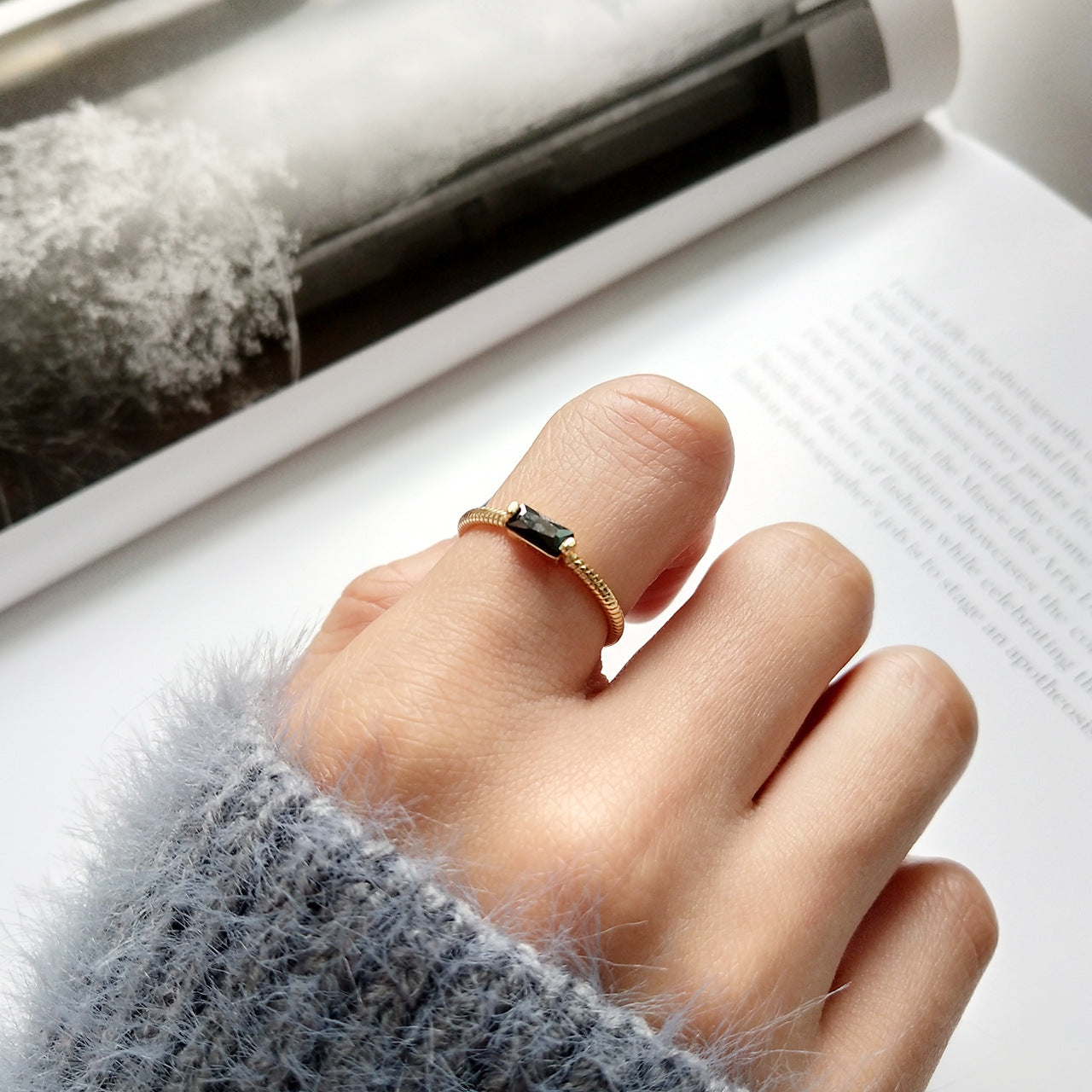 Minimalist 925 Sterling Silver Geometric Black Cubic Zirconia Open Ring