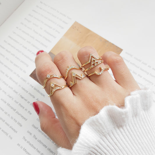 Anillo minimalista de plata de ley 925 con diseño geométrico chapado en oro, circonitas cúbicas microengastadas, banda abierta ajustable
