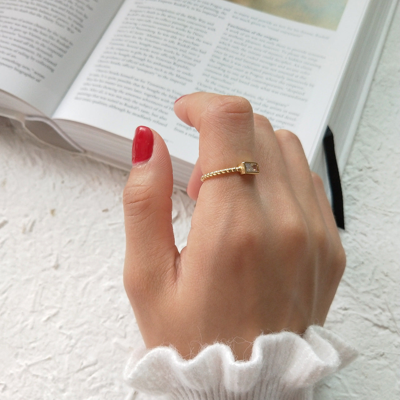 Anello Aperto Geometrico Minimalista Placcato Diamanti in Argento Sterling 925 Rettangolare