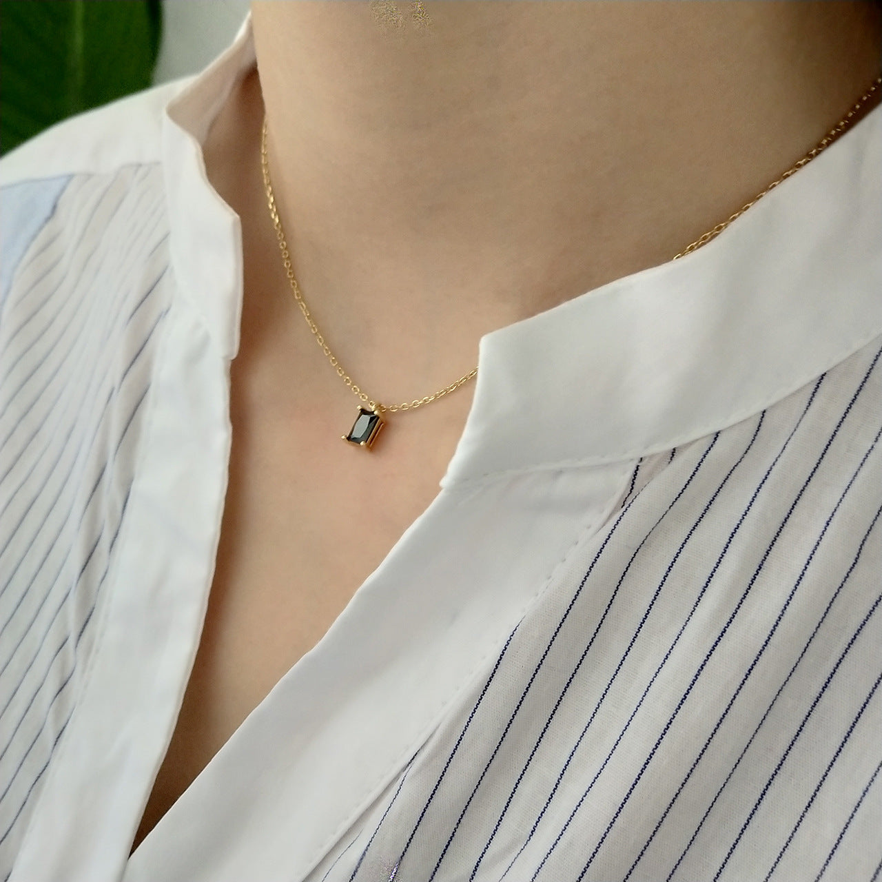 925 Sterling Silver Black Diamond Rectangle Geometric Short Necklace