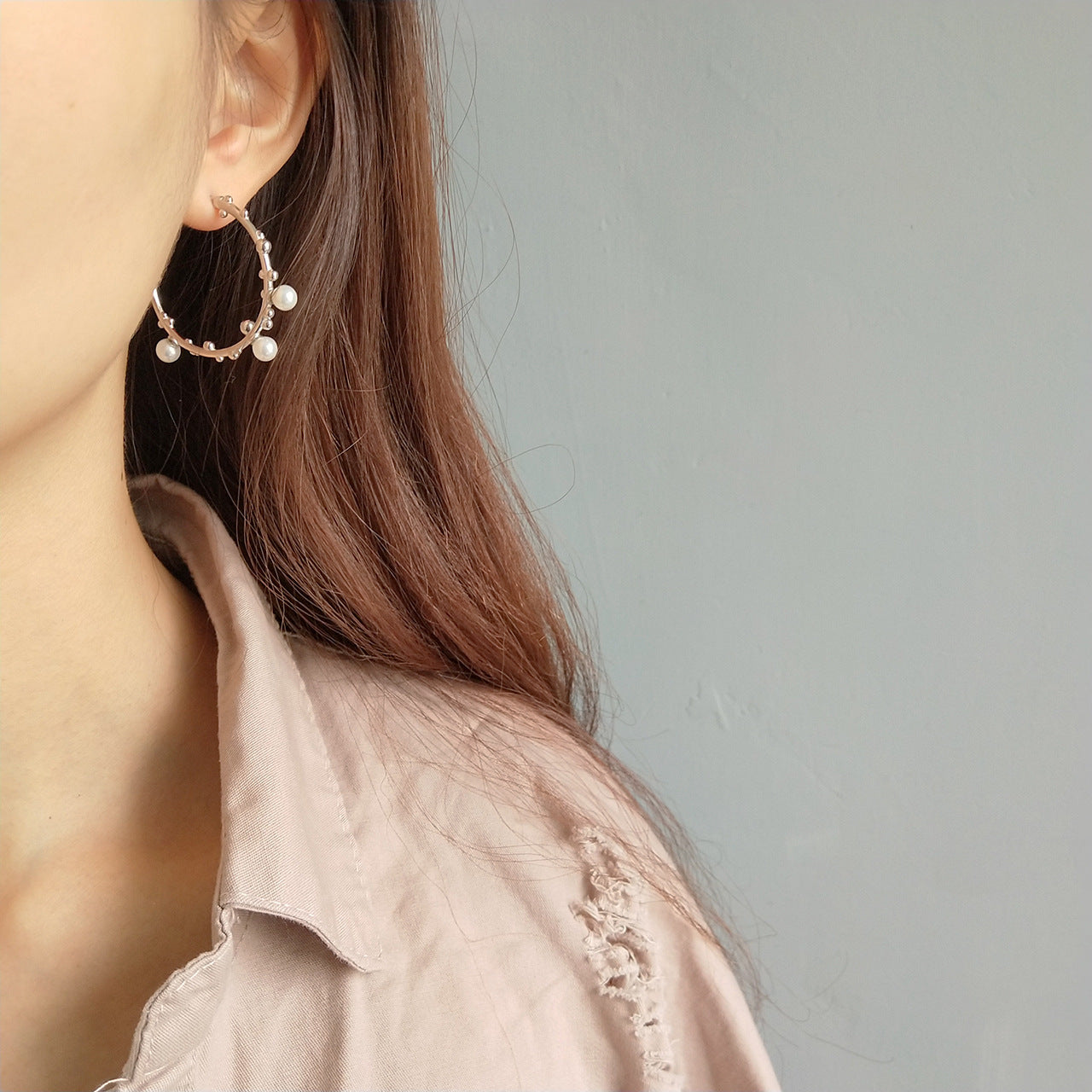 Minimalist White Gold Plated 925 Sterling Silver Geometric Branch Pearl Stud Earrings