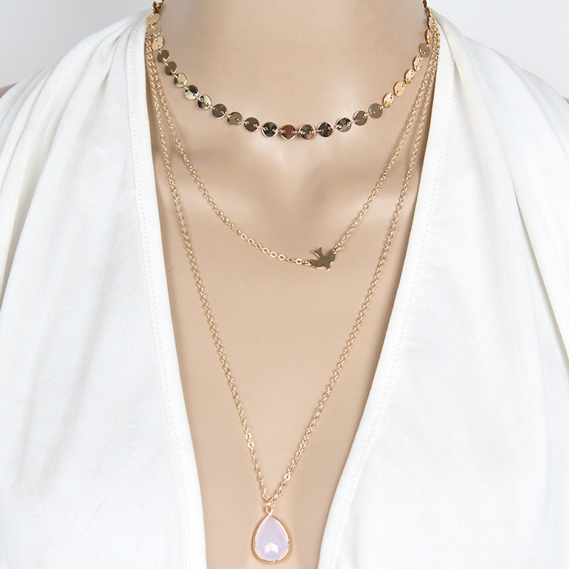 Multi-Layer Necklace for Women with Dove Pendant Ball Chain and Teardrop Rhinestone Accents