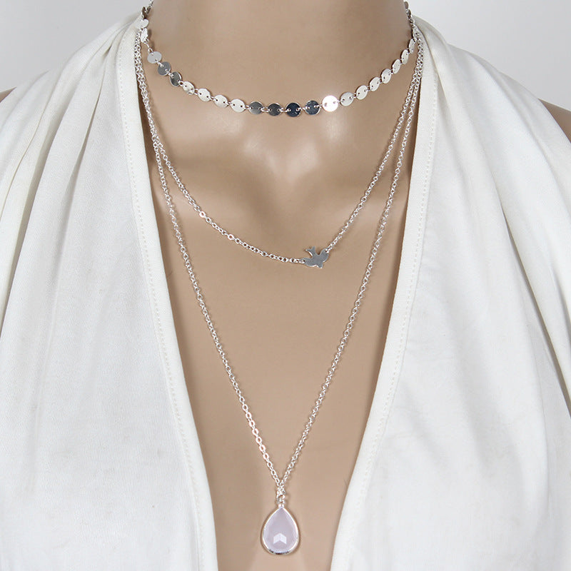 Multi-Layer Necklace for Women with Dove Pendant Ball Chain and Teardrop Rhinestone Accents