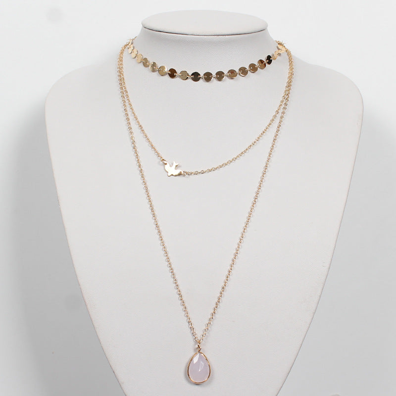 Multi-Layer Necklace for Women with Dove Pendant Ball Chain and Teardrop Rhinestone Accents
