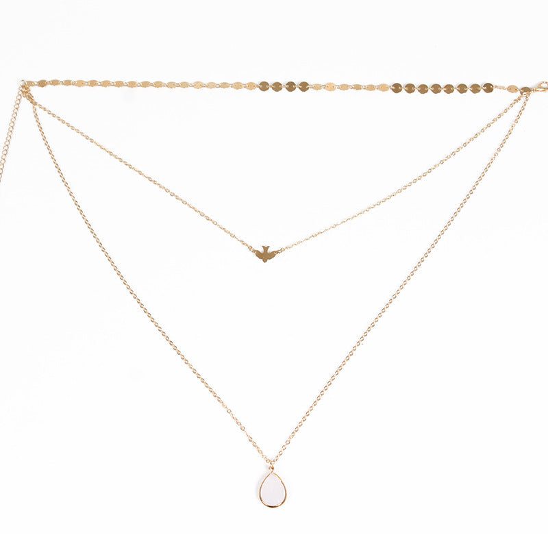 Multi-Layer Necklace for Women with Dove Pendant Ball Chain and Teardrop Rhinestone Accents
