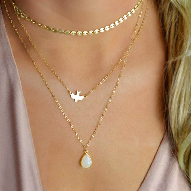 Multi-Layer Necklace for Women with Dove Pendant Ball Chain and Teardrop Rhinestone Accents