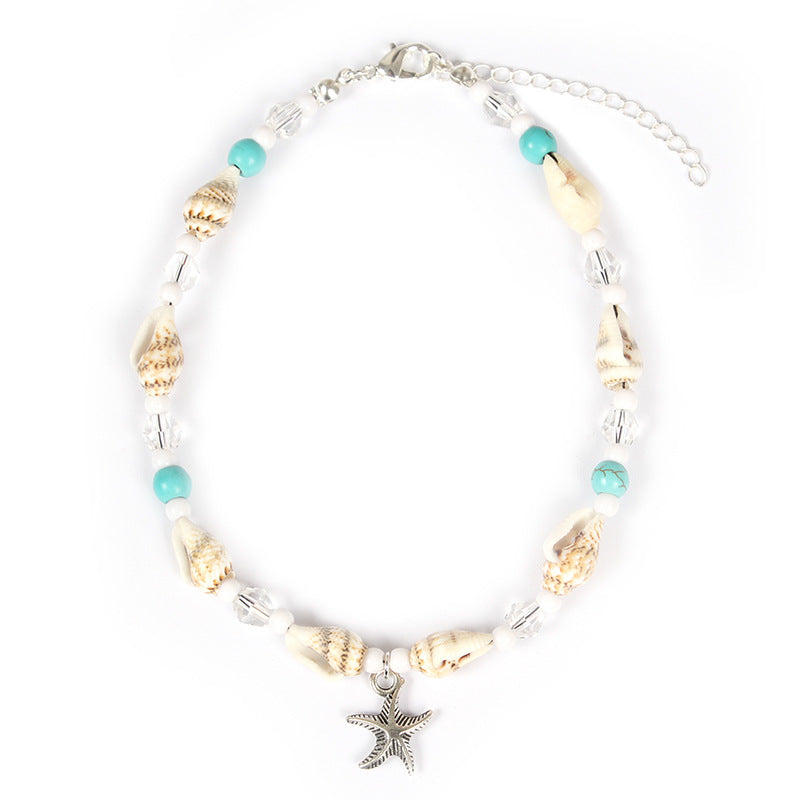 Starfish Shell and Glass Bead Anklet for Women
