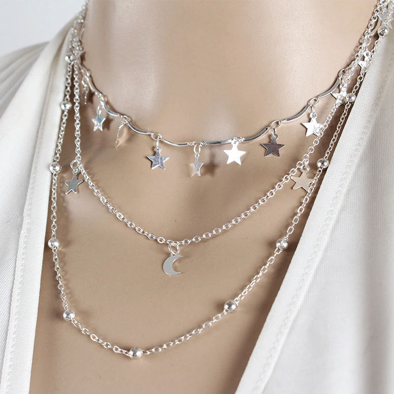 Star Moon Circle Three-Layer Minimalist Necklace Alloy Plated