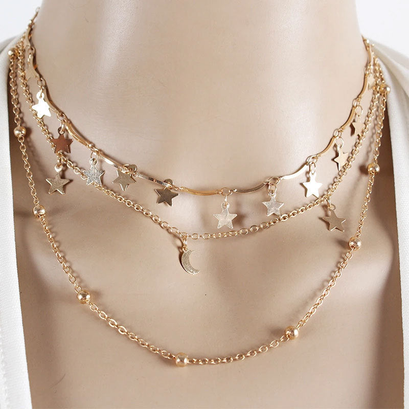 Star Moon Circle Three-Layer Minimalist Necklace Alloy Plated