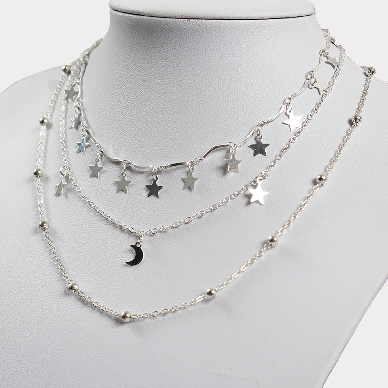Star Moon Circle Three-Layer Minimalist Necklace Alloy Plated