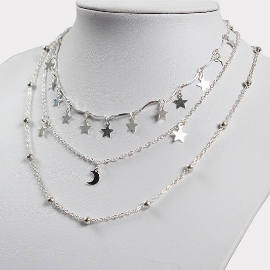 Collar Minimalista de Tres Capas Círculo Estrella Luna, Chapado en Aleación