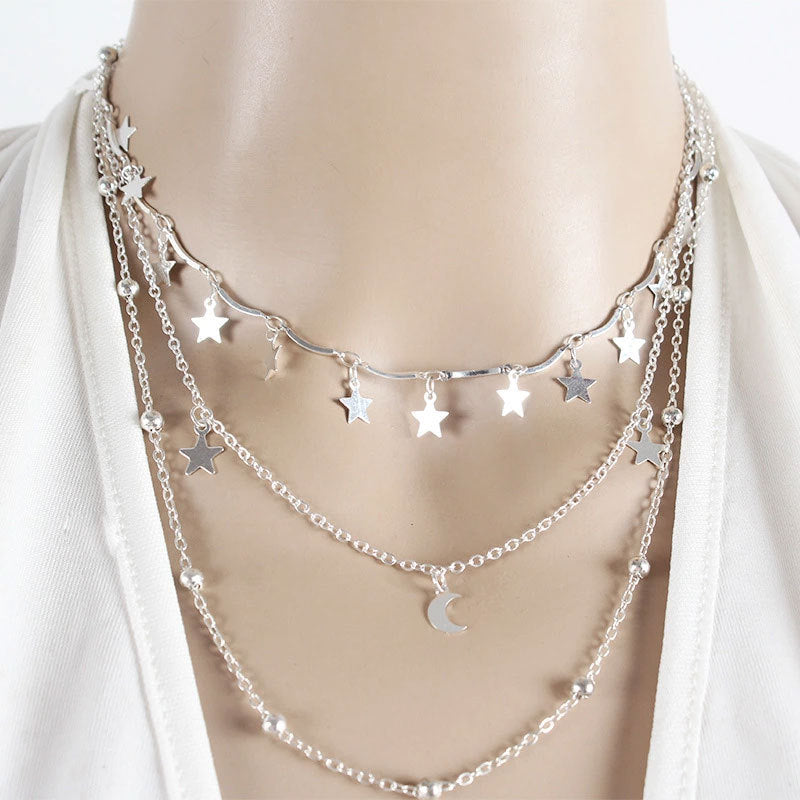 Star Moon Circle Three-Layer Minimalist Necklace Alloy Plated
