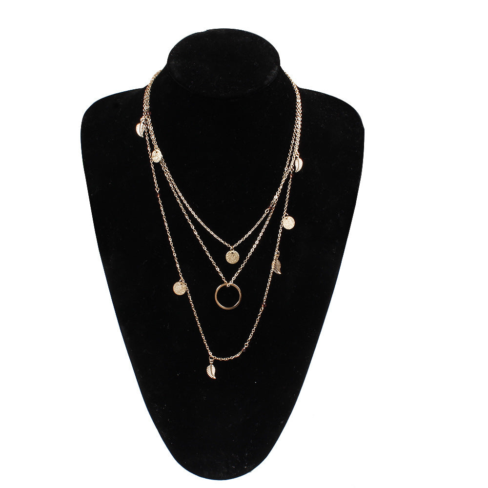 Handmade Multi-Element Necklace with Sequin Leaf Pendant and Tassel Charm Adjustable Alloy Chain