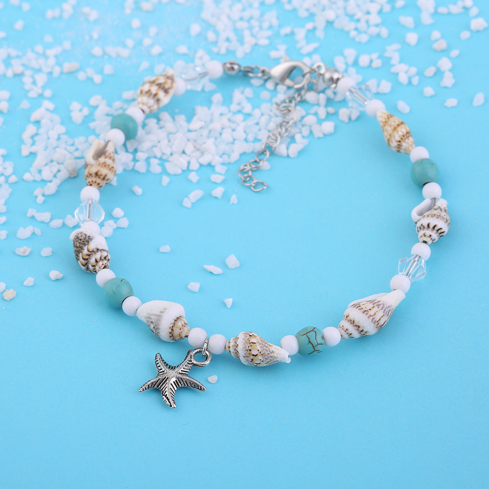 Starfish Shell and Glass Bead Anklet for Women