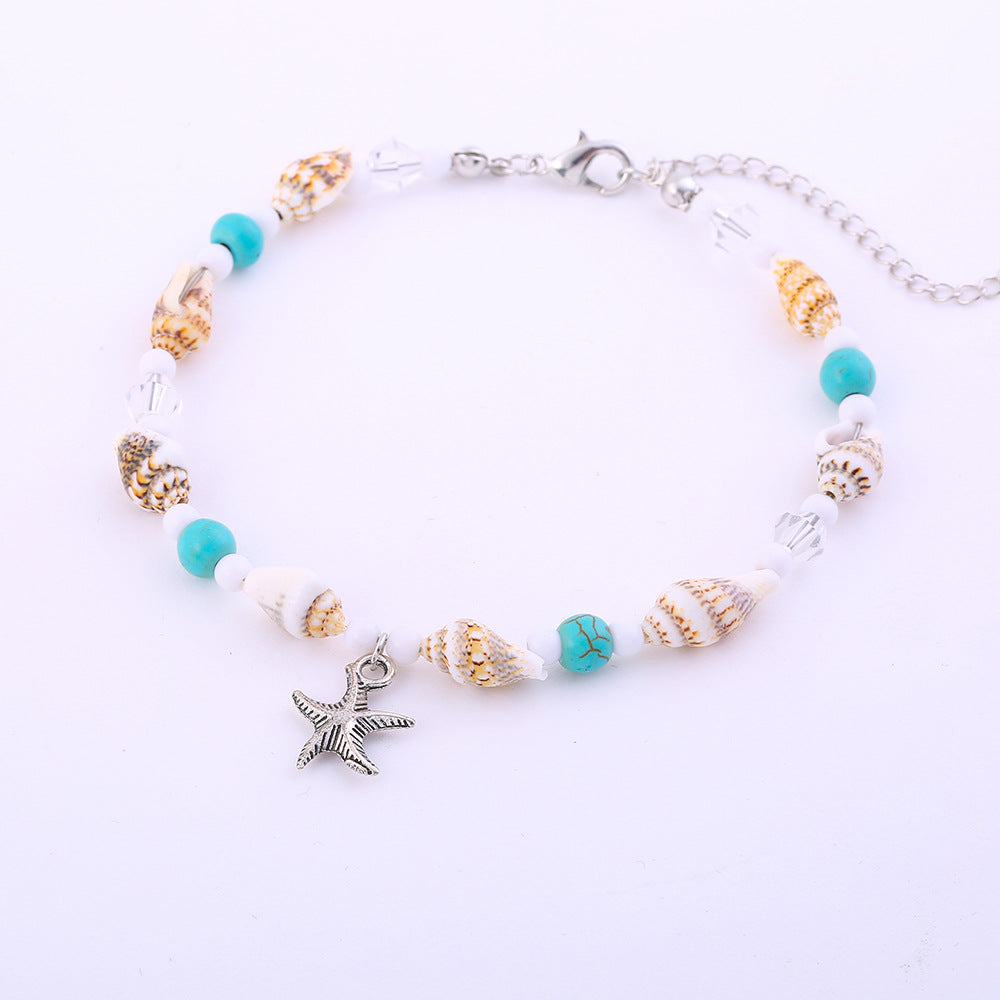 Starfish Shell and Glass Bead Anklet for Women