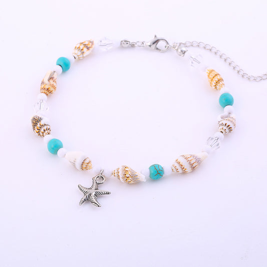 Starfish Shell and Glass Bead Anklet for Women