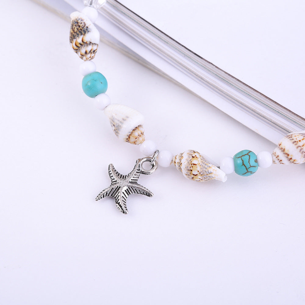 Starfish Shell and Glass Bead Anklet for Women