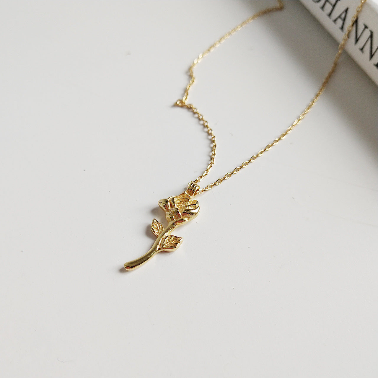 Sweet 925 Sterling Silver Rose Gold Plated Geometric Rose Flower Necklace
