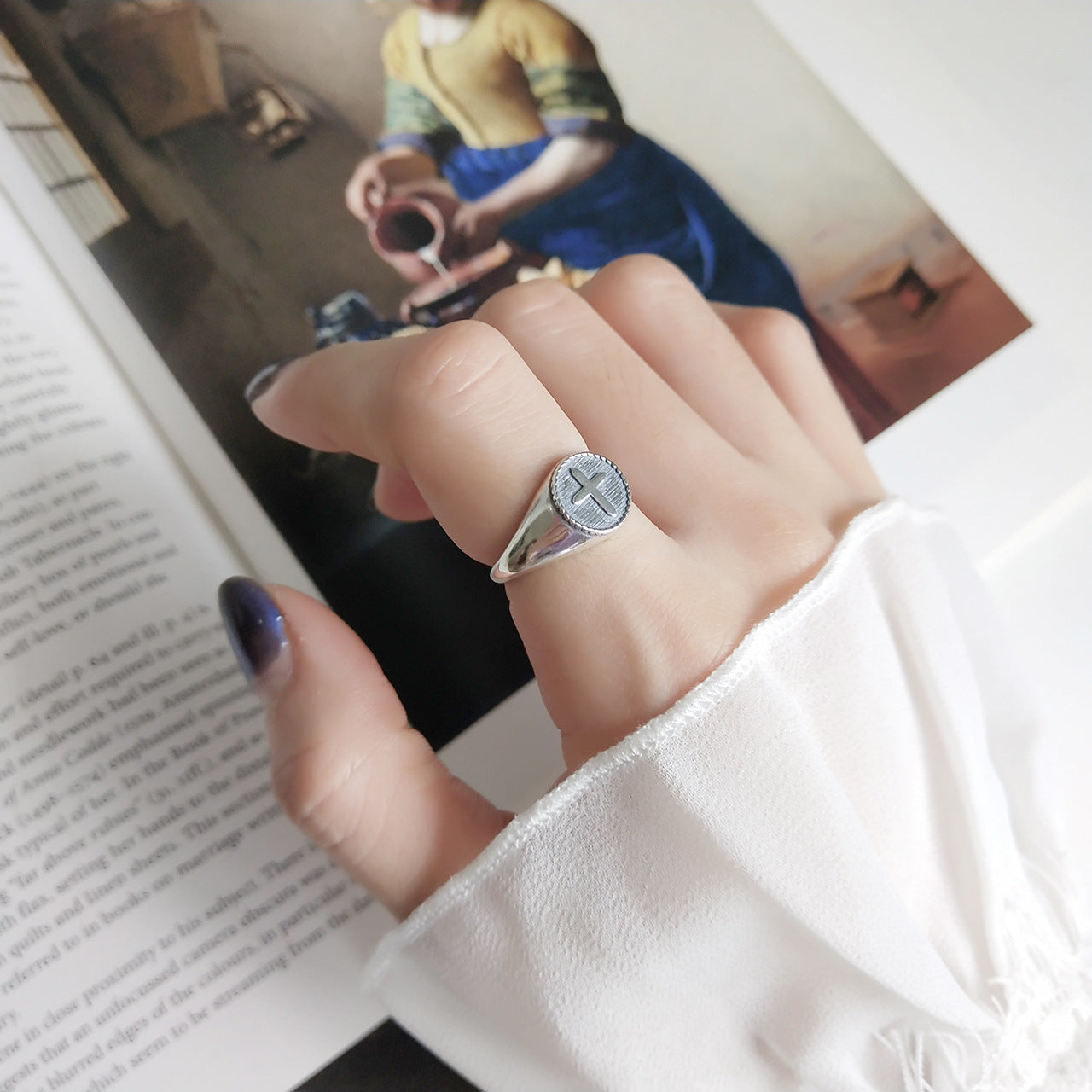 Vintage 925 Sterling Silver Geometric Cross Plated Adjustable Ring for Women