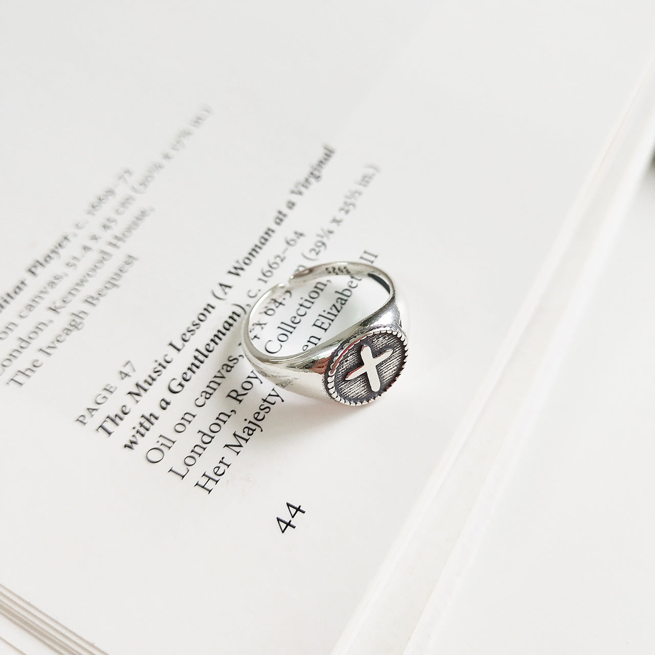 Vintage 925 Sterling Silver Geometric Cross Plated Adjustable Ring for Women
