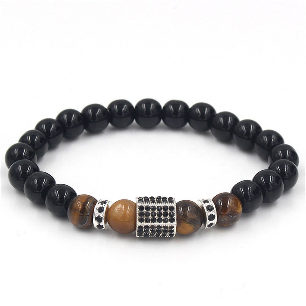Geometric Alloy Bracelet with Micro-set Rhinestone Black Diamond and Tiger Eye Wheel Beads for Men and Women