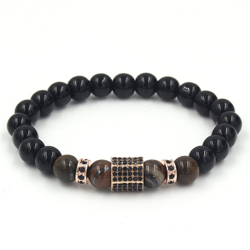 Geometric Alloy Bracelet with Micro-set Rhinestone Black Diamond and Tiger Eye Wheel Beads for Men and Women
