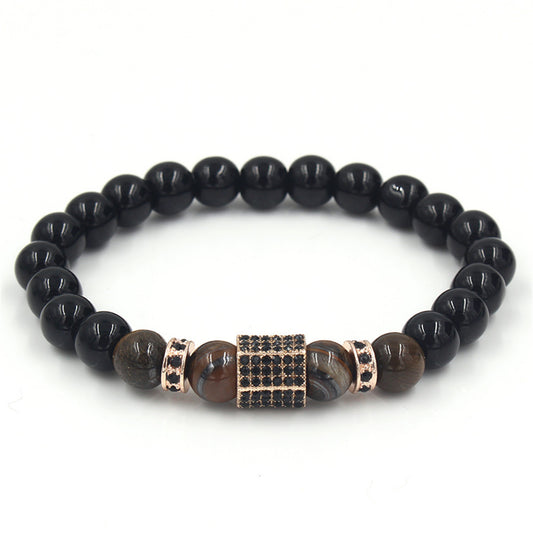 Geometric Alloy Bracelet with Micro-set Rhinestone Black Diamond and Tiger Eye Wheel Beads for Men and Women