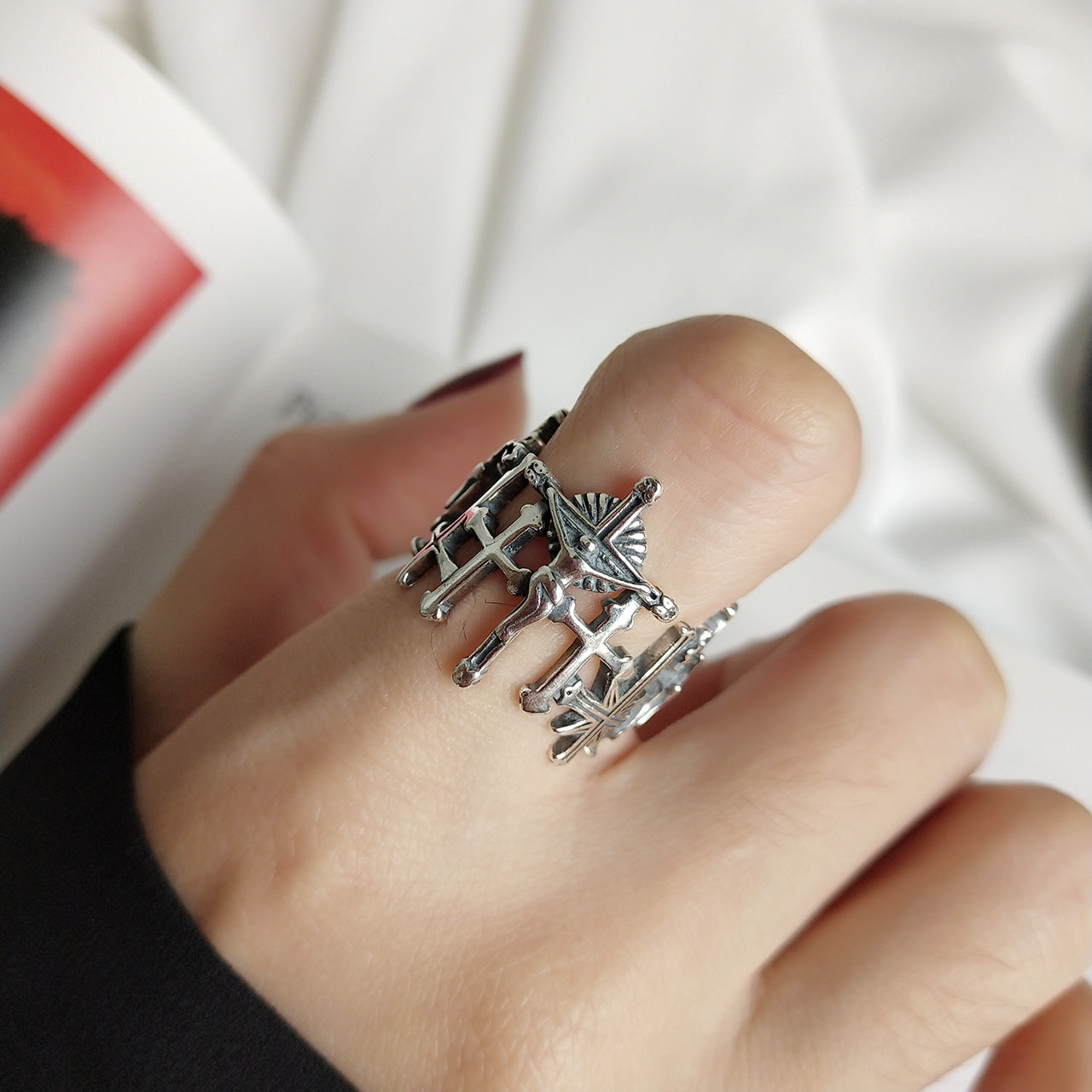 Vintage 925 Sterling Silver Plated Geometric Cross Ring for Women
