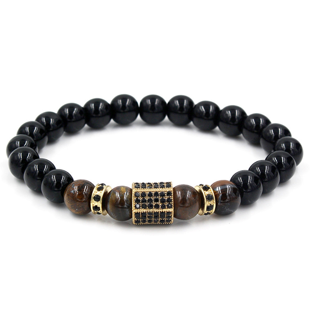 Geometric Alloy Bracelet with Micro-set Rhinestone Black Diamond and Tiger Eye Wheel Beads for Men and Women