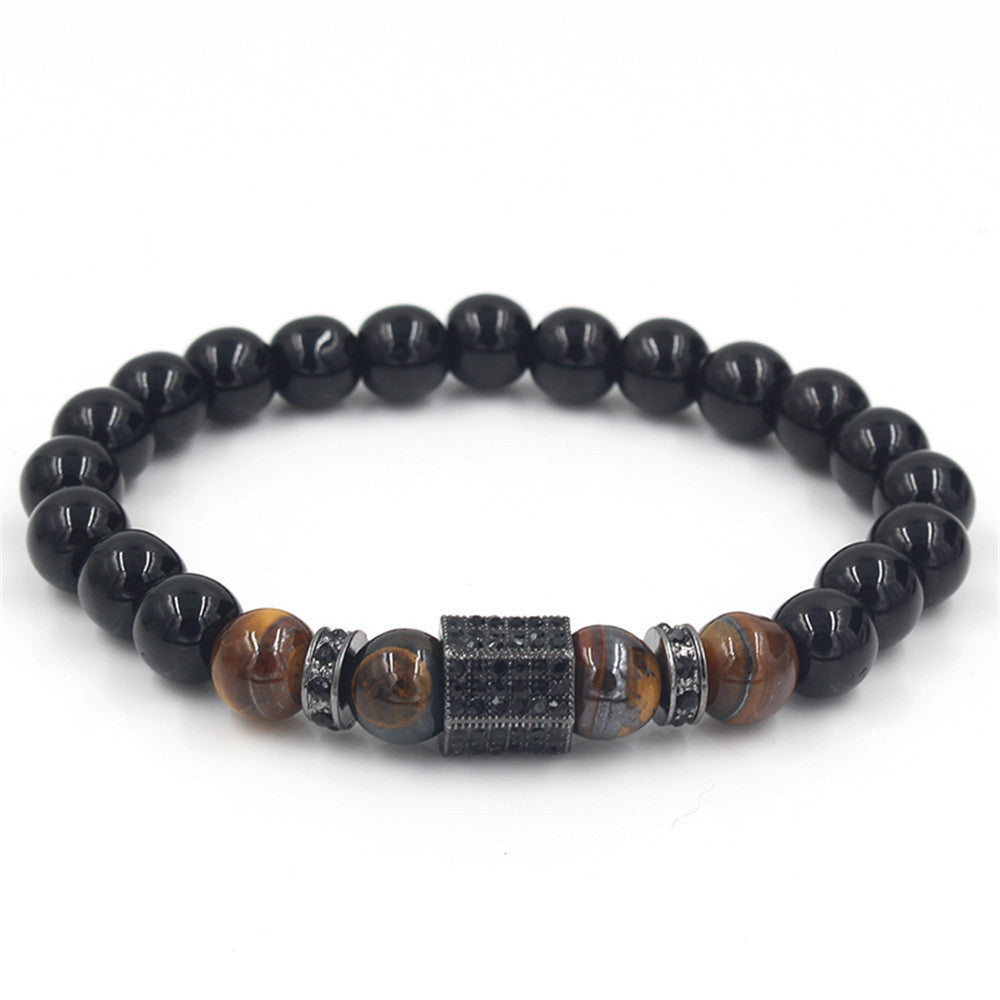 Geometric Alloy Bracelet with Micro-set Rhinestone Black Diamond and Tiger Eye Wheel Beads for Men and Women
