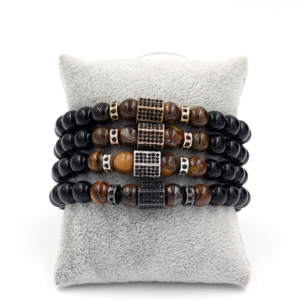 Geometric Alloy Bracelet with Micro-set Rhinestone Black Diamond and Tiger Eye Wheel Beads for Men and Women