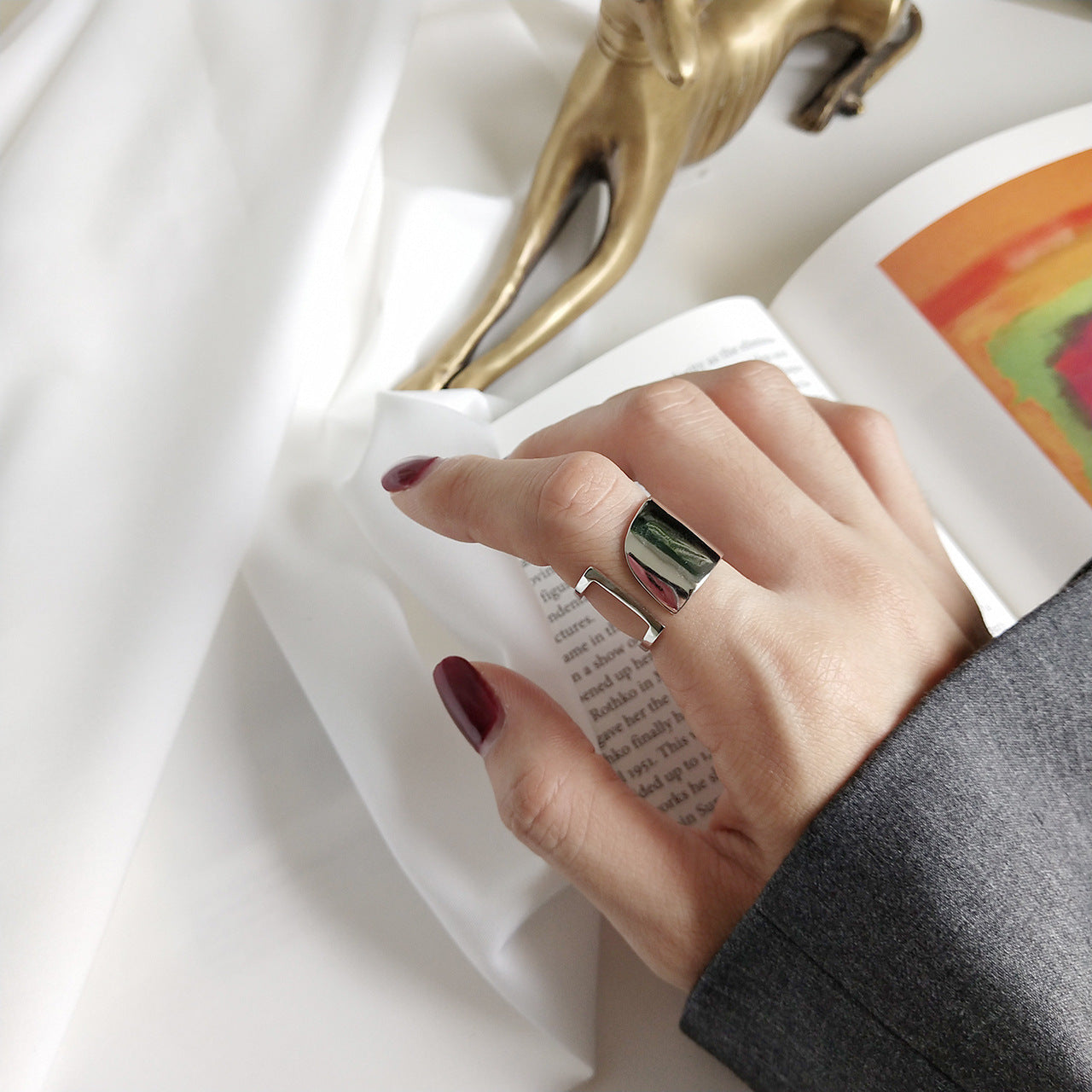 Anillo abierto minimalista de plata de ley 925 pulida geométrica