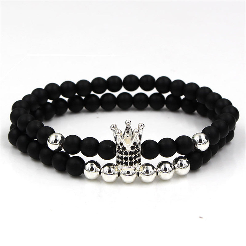 Exaggerated 6mm Matte Black Copper Beaded Bracelet with Pavé Zircon Crown Charm Vintage Hand Chain