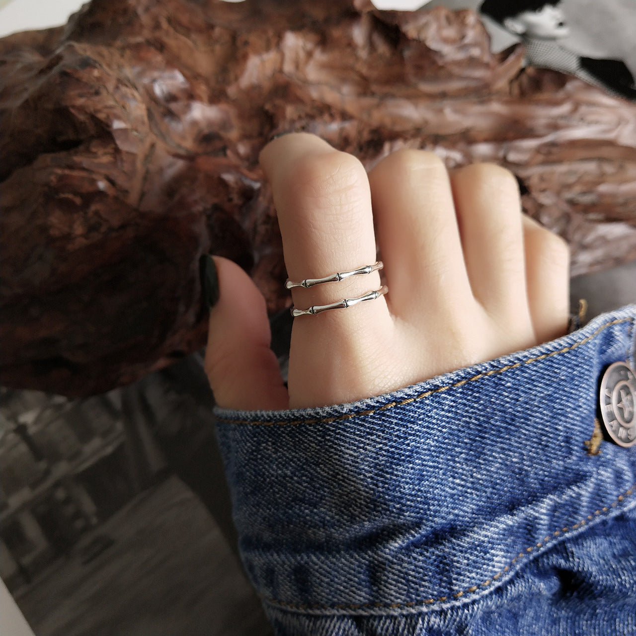 Anillo de Bambú de Plata de Ley 925 Vintage para Mujer